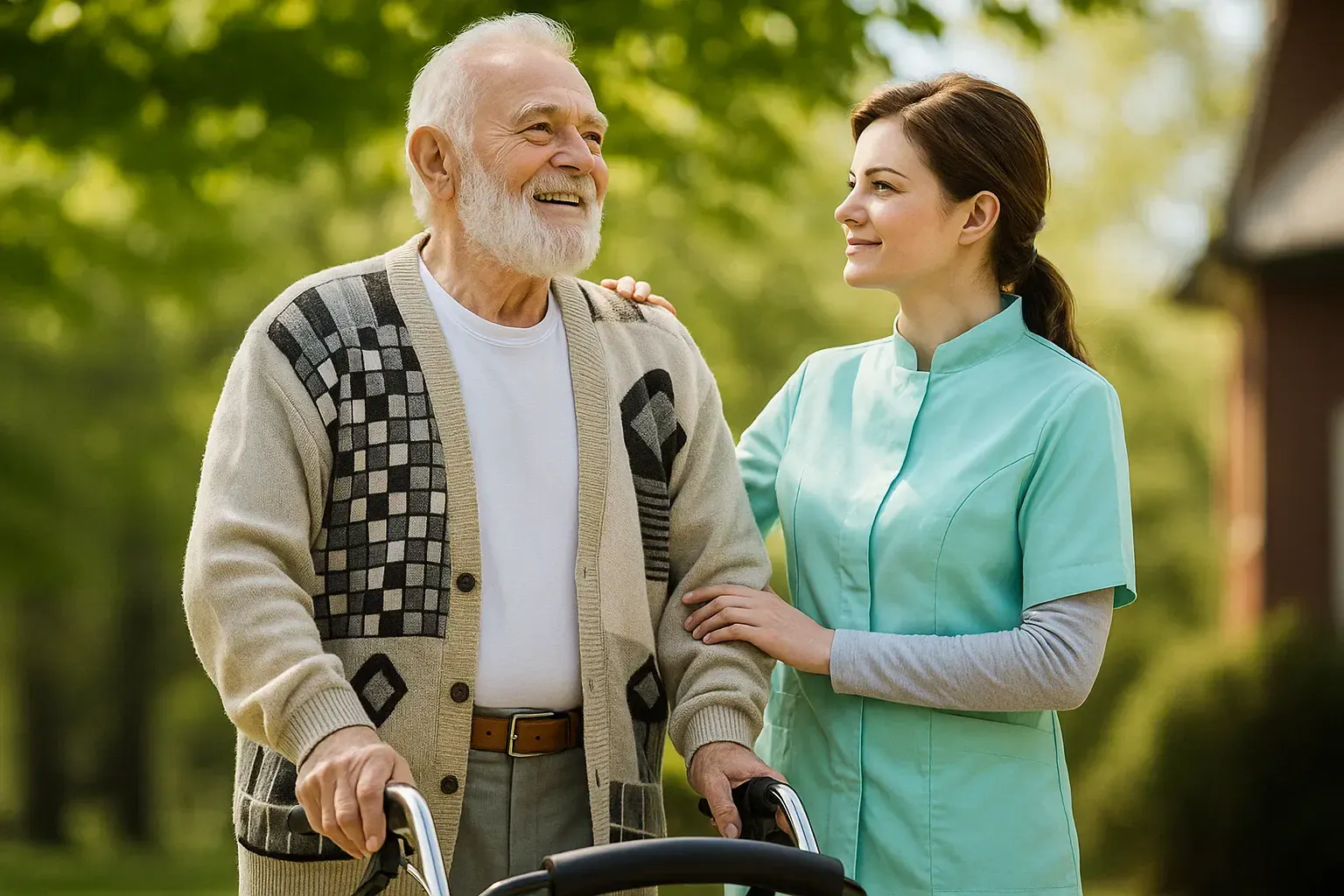 Elderly person standing outside with a caregiver