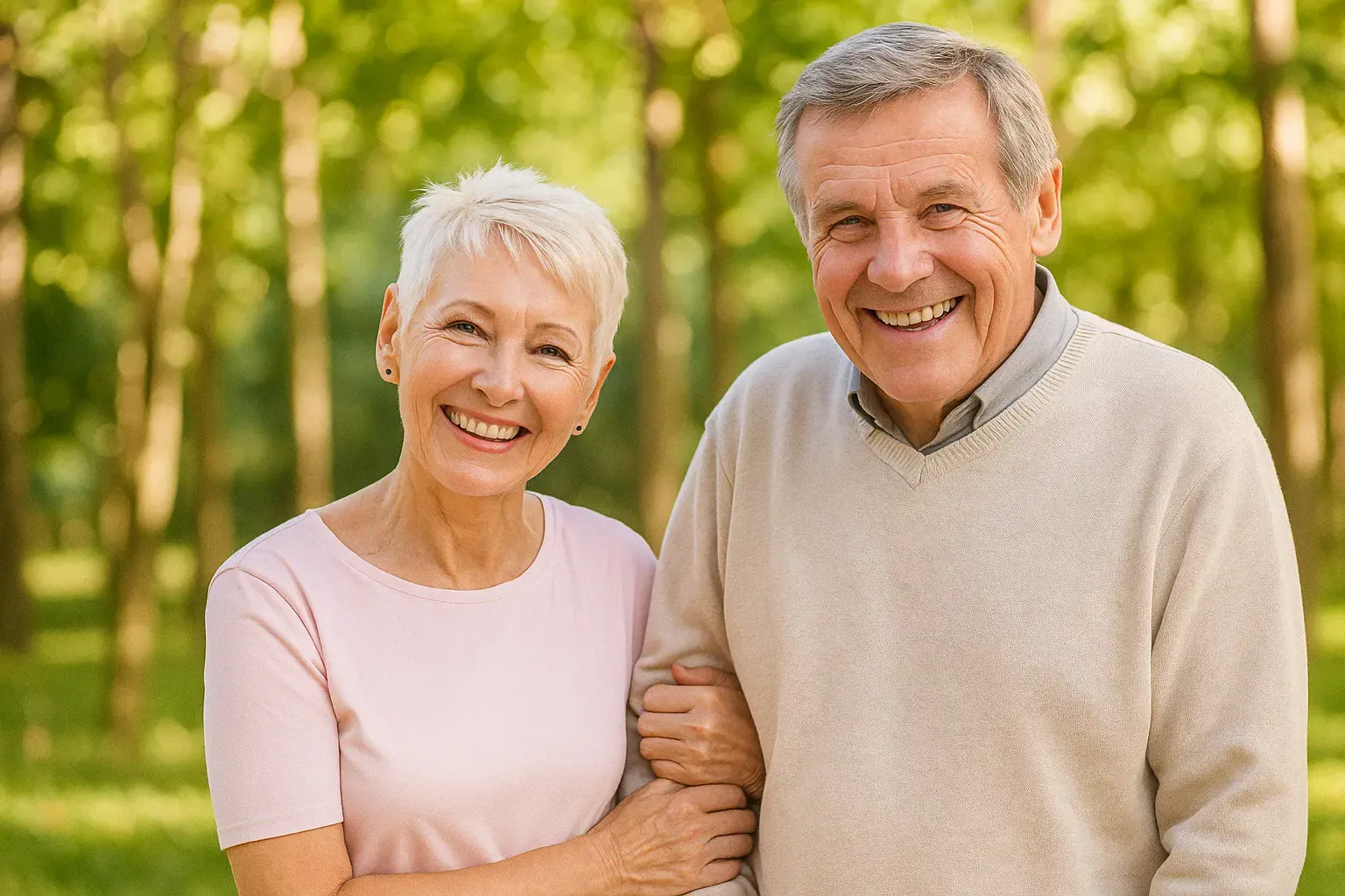An elderly couple smiling at the camera