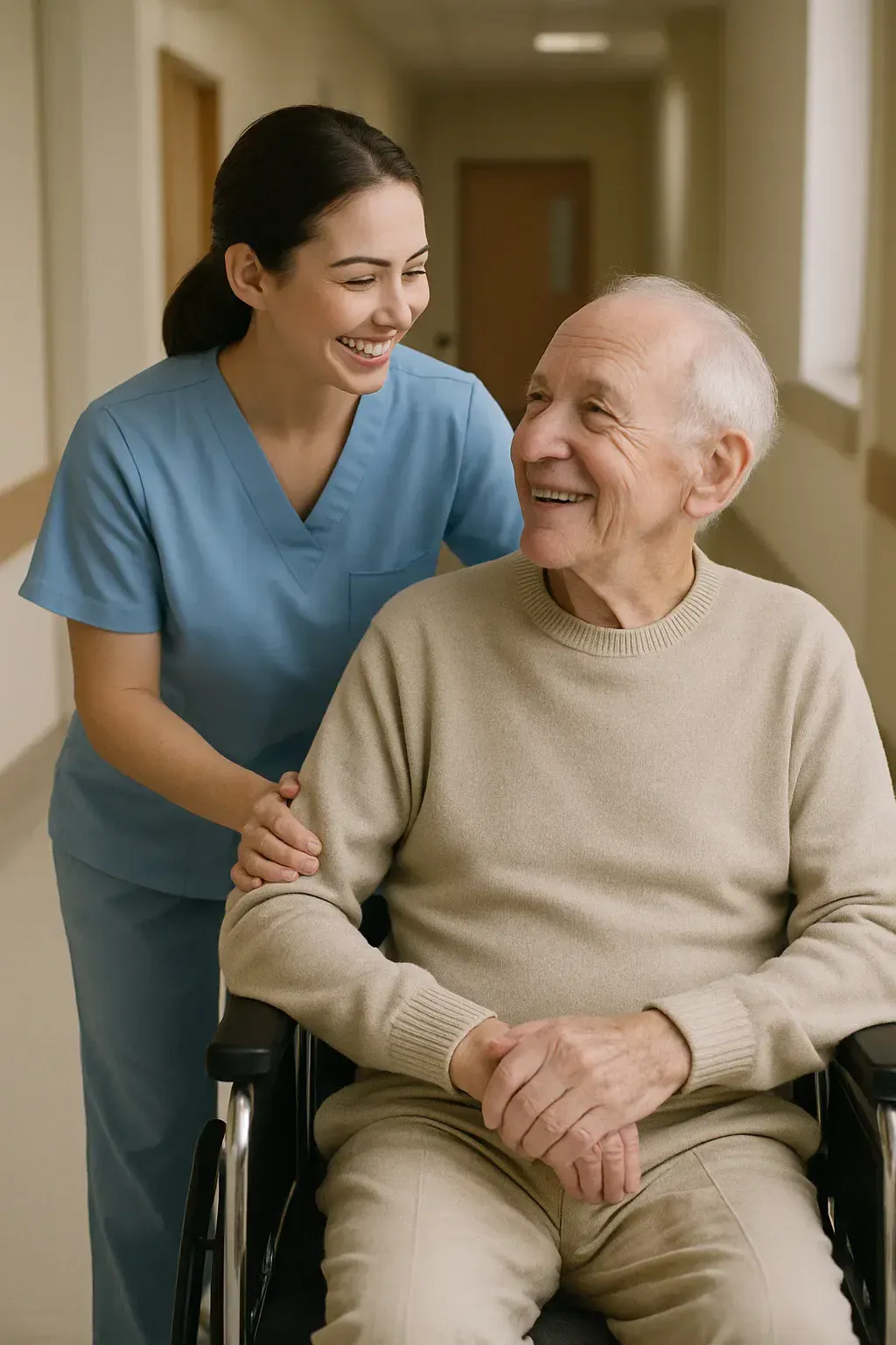 A caregiver assisting an elderly person